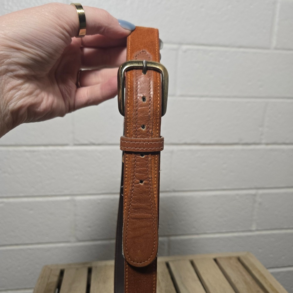 Vtg Suede Leather Belt Medium Brown Cognac Brass‎ Buckle 28-31 Boho Classic Twee